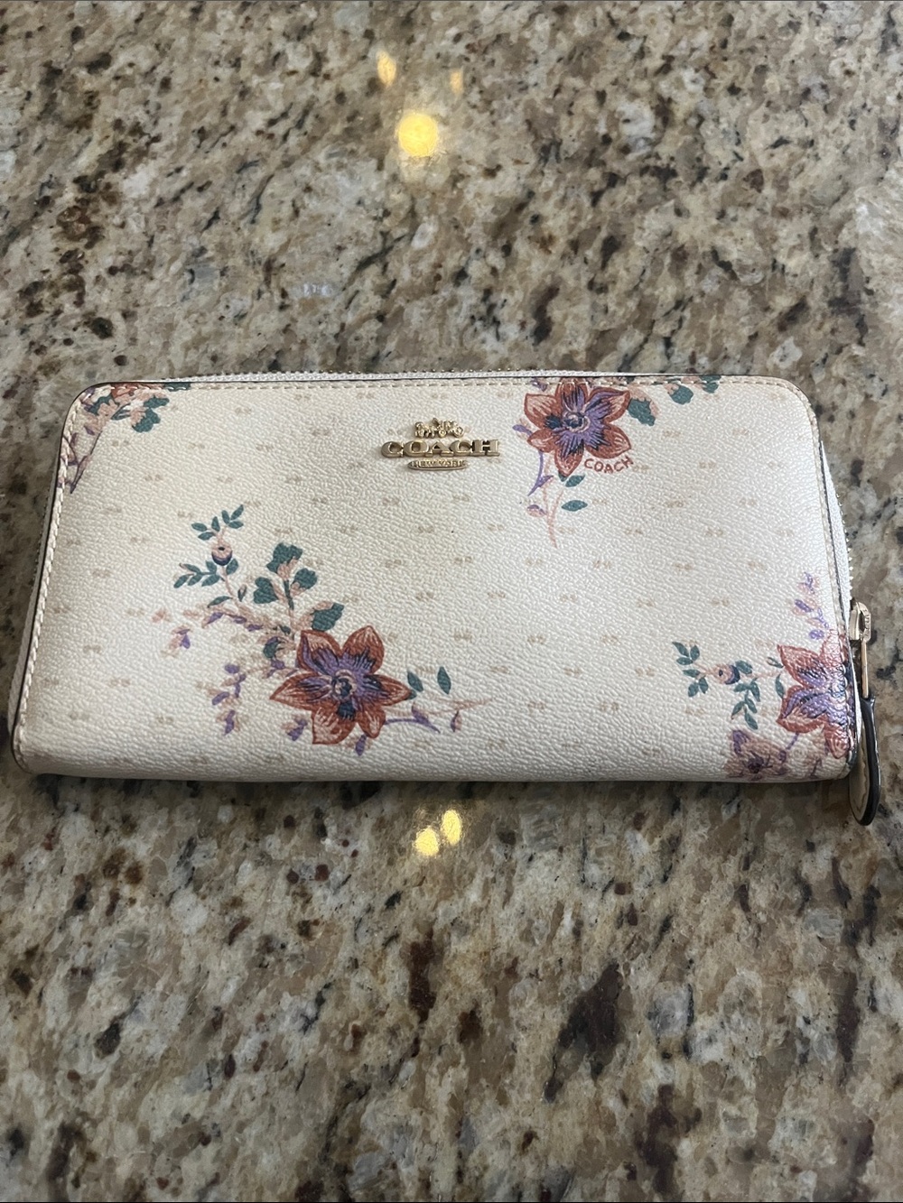 Coach Floral Zip-Around Wallet in Cream with Pink & Purple Accents